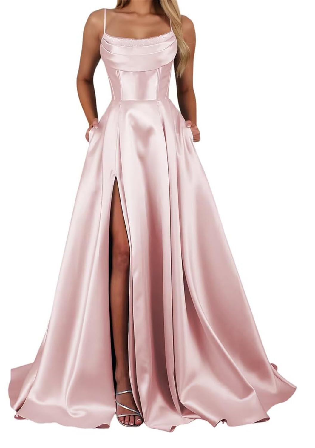 Yiann Women's Blush Pink Satin Bridesmaid Dresses For With Slit Pleated Spaghetti Strap Long Prom Ball Gown Uk12