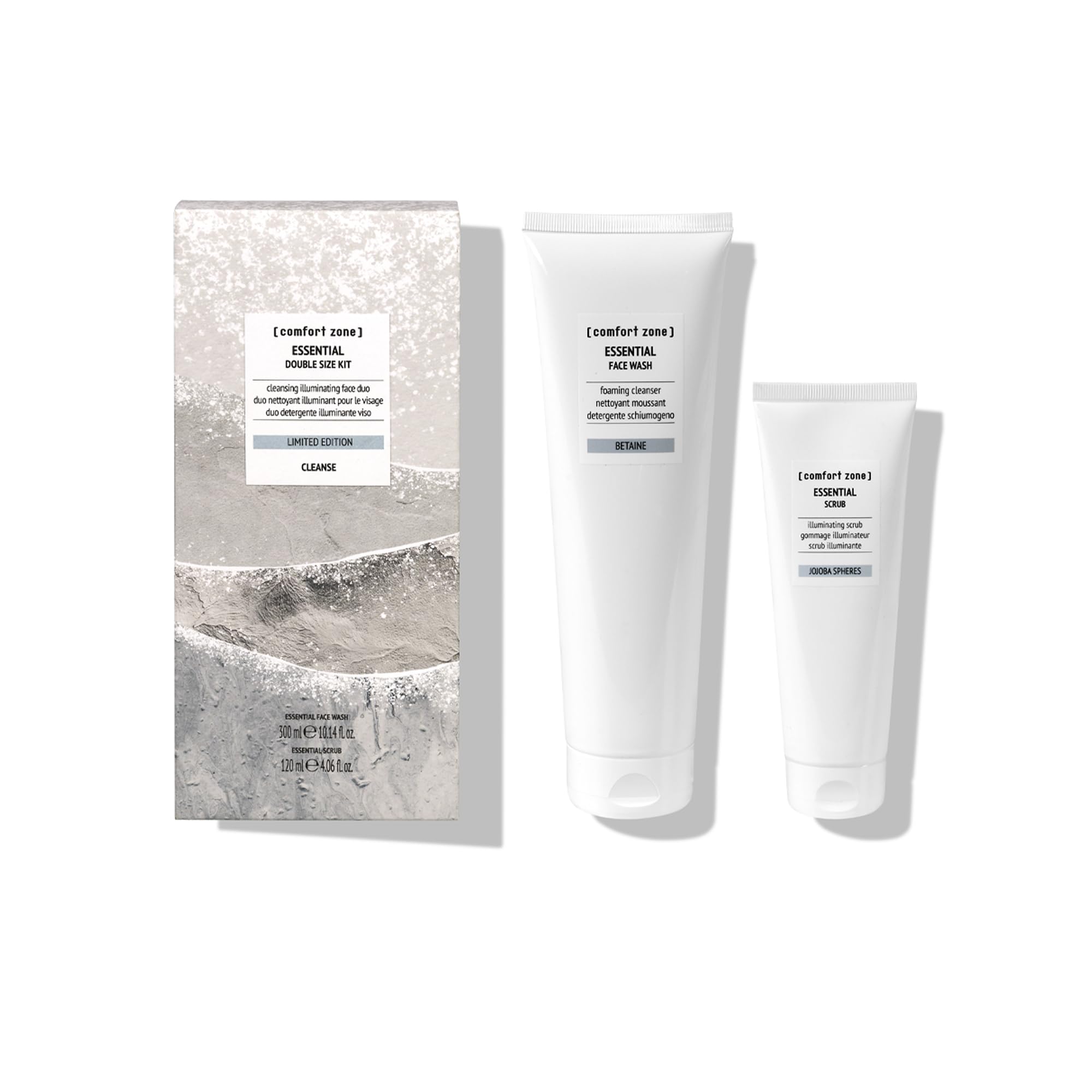 [ comfort zone ] Essential Double Size Kit, With Face Wash and Scrub, Most-Loved Products in Double Format, Proper Everyday Face Cleaning 300 ml and 120 ml (2 Piece Set)