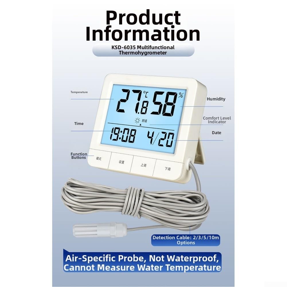 Termometro igrometro digitale con sonda per incubatore rettile, gamma da -50 a 70 °C, display retroilluminato (5 m)