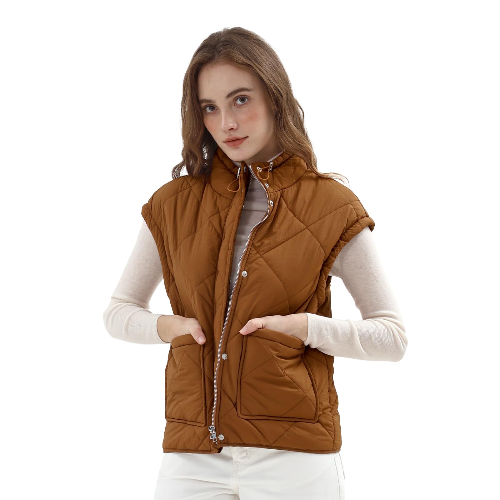 Amazhiyu Gilet trapuntato da donna, leggero, per esterni, imbottito, senza maniche, con tasche