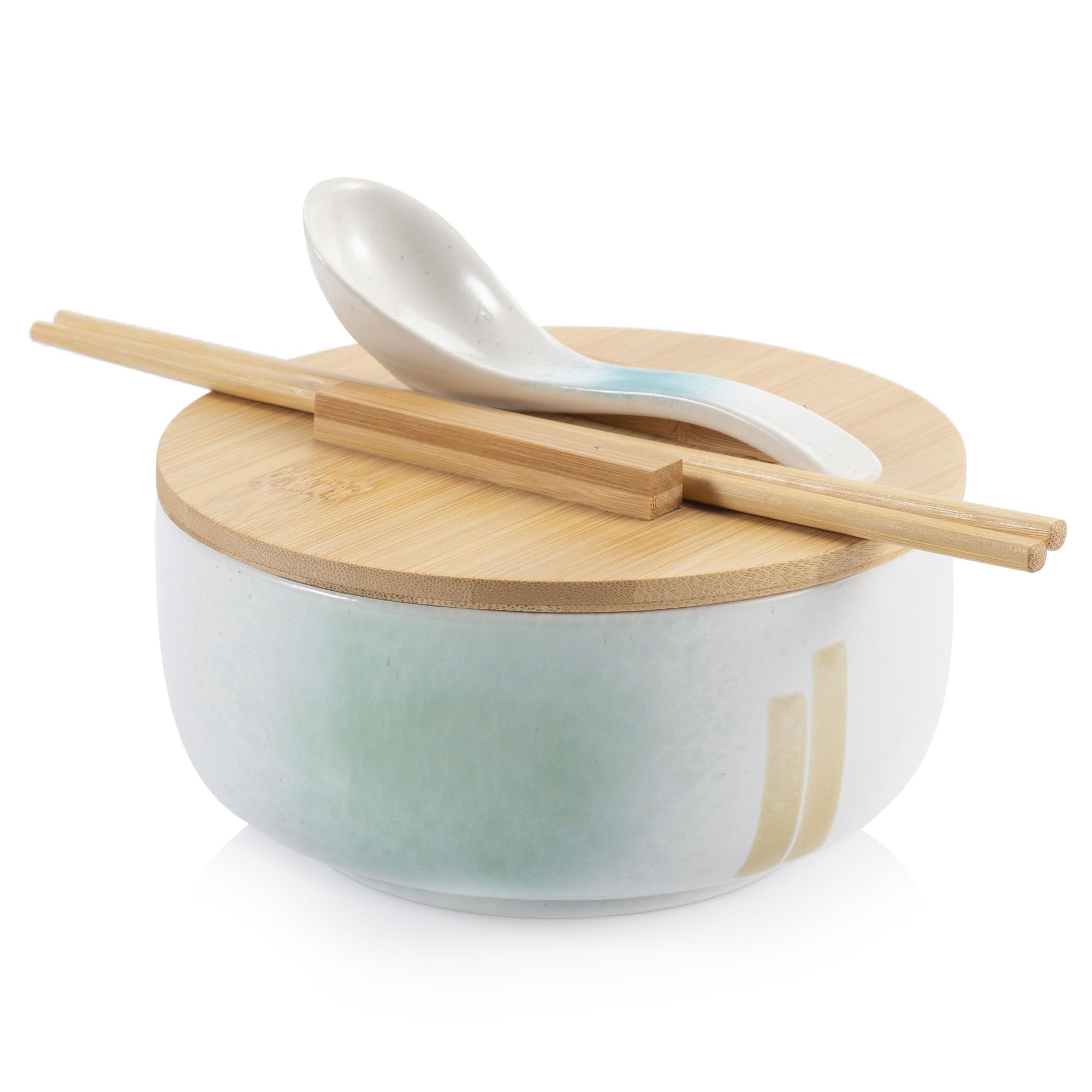 Large Porcelain Cereal Bowls with Lid, Spoon & Chopsticks - 950 ml Ceramic Ramen Bowl Set for Soup, Salad & Pasta