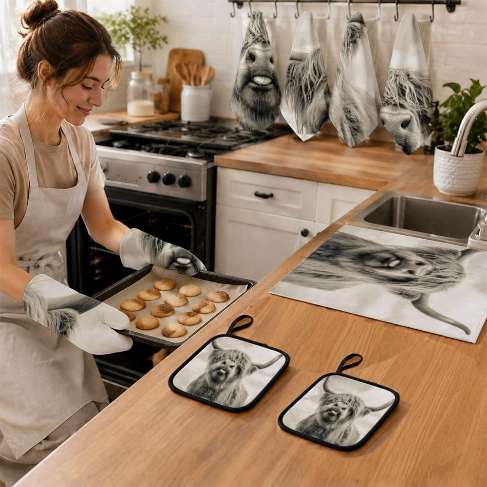 9PCS Divertente Highland Cow Cucina Decor e Accessori Set