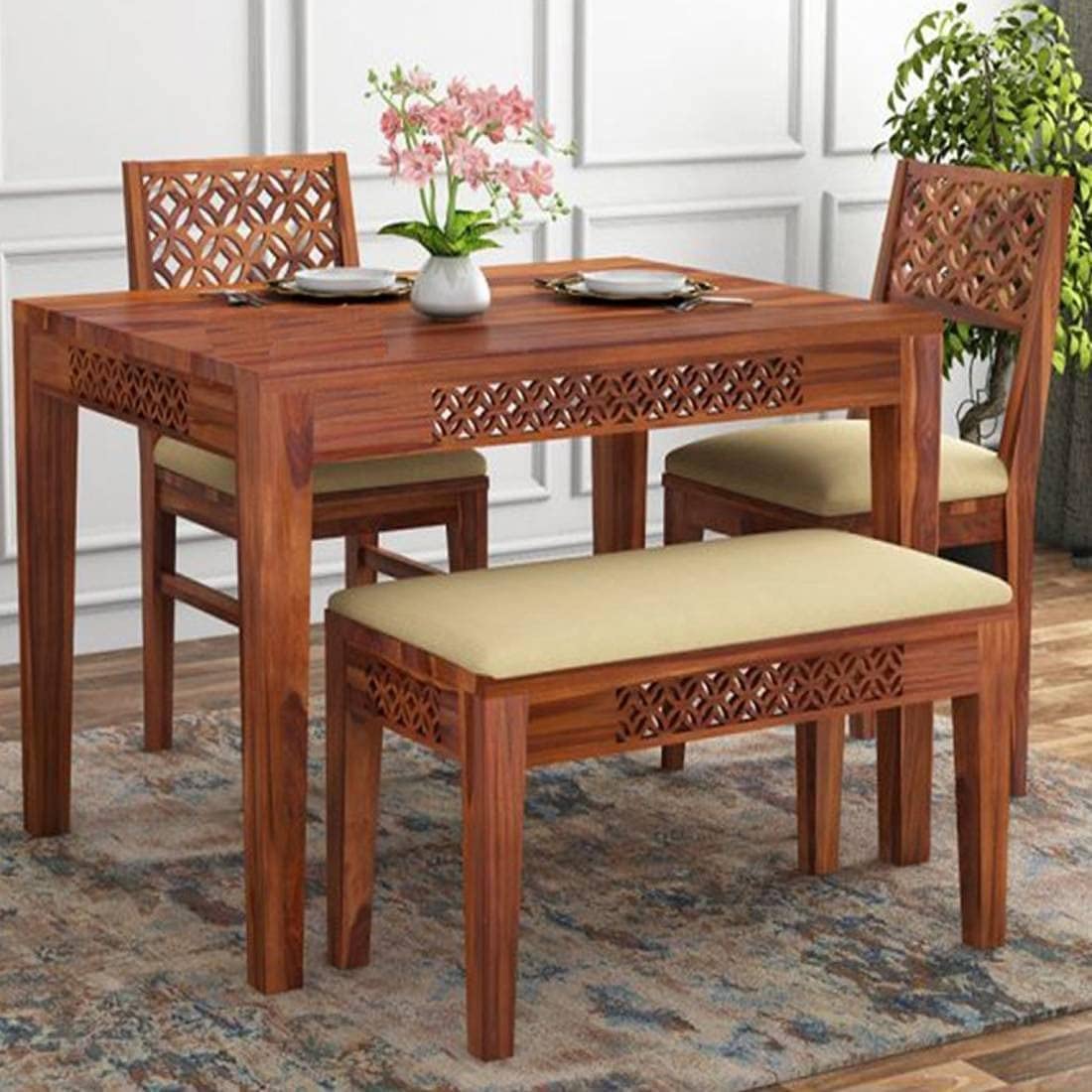 sm arts solid sheesham wood dining table set 4 seater | four seater dining table 4 seater with 2 cushion chairs & 1 bench for living room | 4 seater dining set for hotel restaurant | dinning set|honey