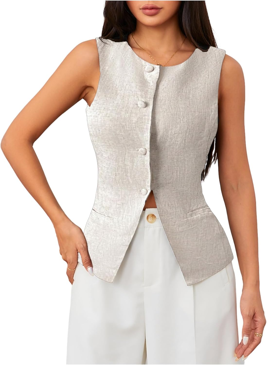 MakeMeChic Women's Vest Top Sleeveless Business Blazer Button Down Dressy Suit Teacher Outfit