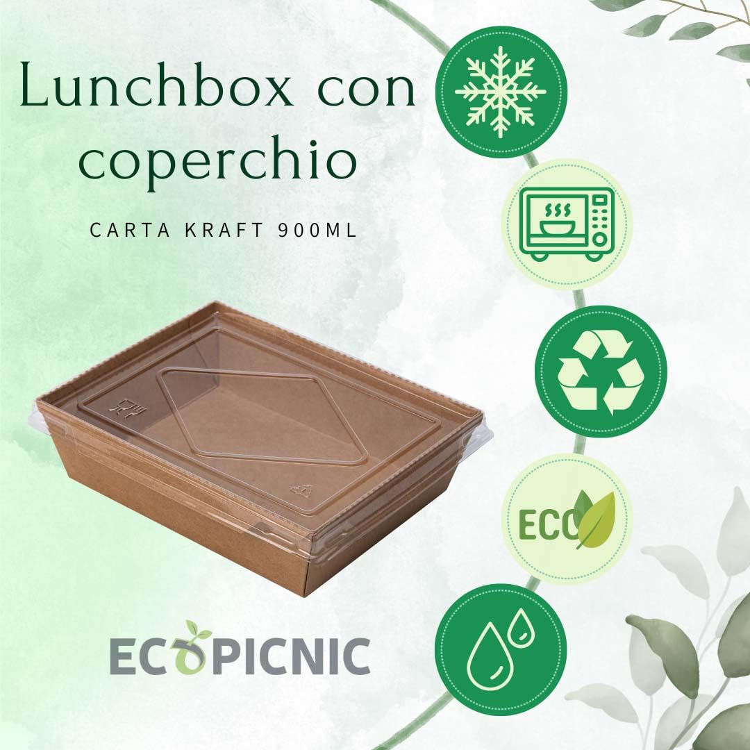 Lanchbox in Carta Kraft con Coperchio Trasparente 900 ml - Confezione da 100 Pezzi | Scatole per Alimenti da Asporto, Contenitori Monouso per Cibo, Scatole Ecologiche