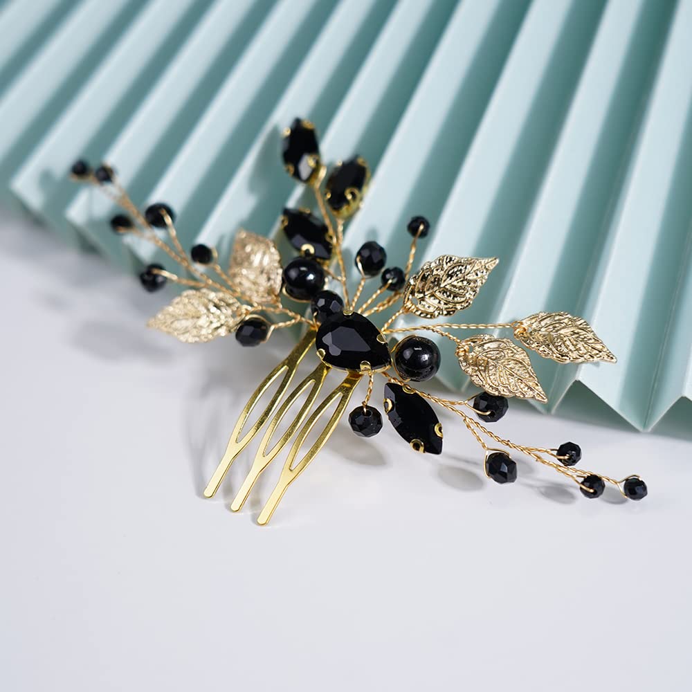 Teyglen Crystal Bridal Wedding Hair Comb Black Rhinestone