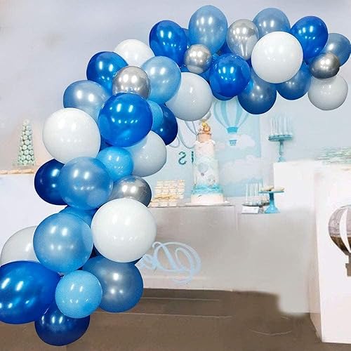 Kit de arco de guirnalda de globos azules, blancos y plateados de 16 pies con 117 globos, decoración de fiesta de fácil montaje para cumpleaños