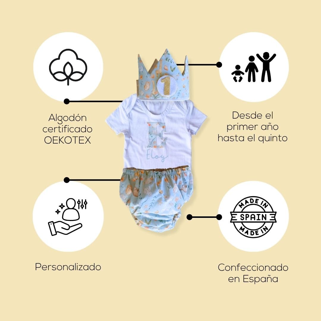 Conjunto Cumpleaños 1 año Personalizado - Camiseta con nombre Bebé - Regalo primer cumpleaños - Smash Cake - Corona cumpleaños