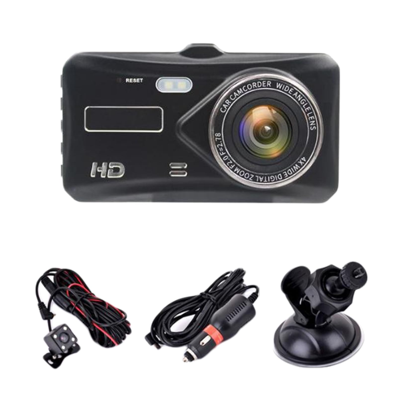 Dash cam con schermo da 4 pollici e notturna per registrazioni | giorno e di notte, con doppia registrazione anteriore e posteriore e funzione di retromarcia.