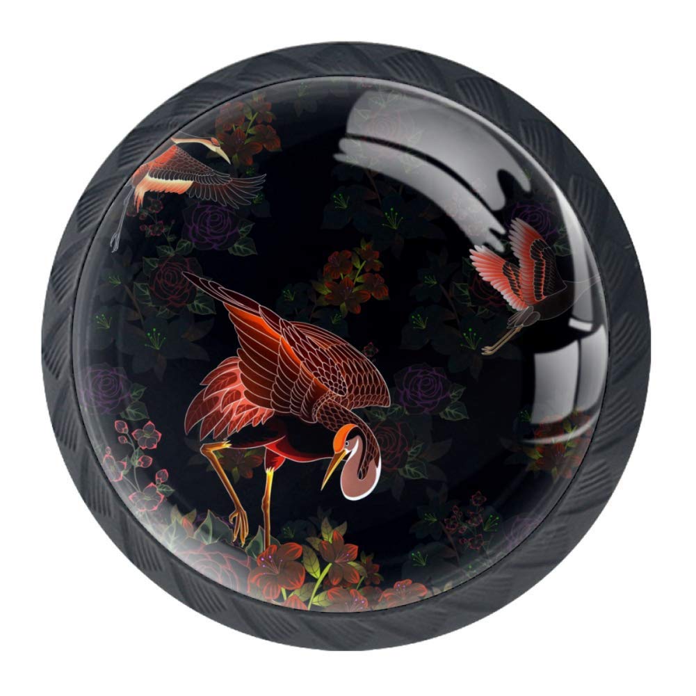 Magic Floral Red-Crowned Crane Cabinet Door Knobs Handles Pulls Cupboard Handles Drawer Wardrobe 4pcs