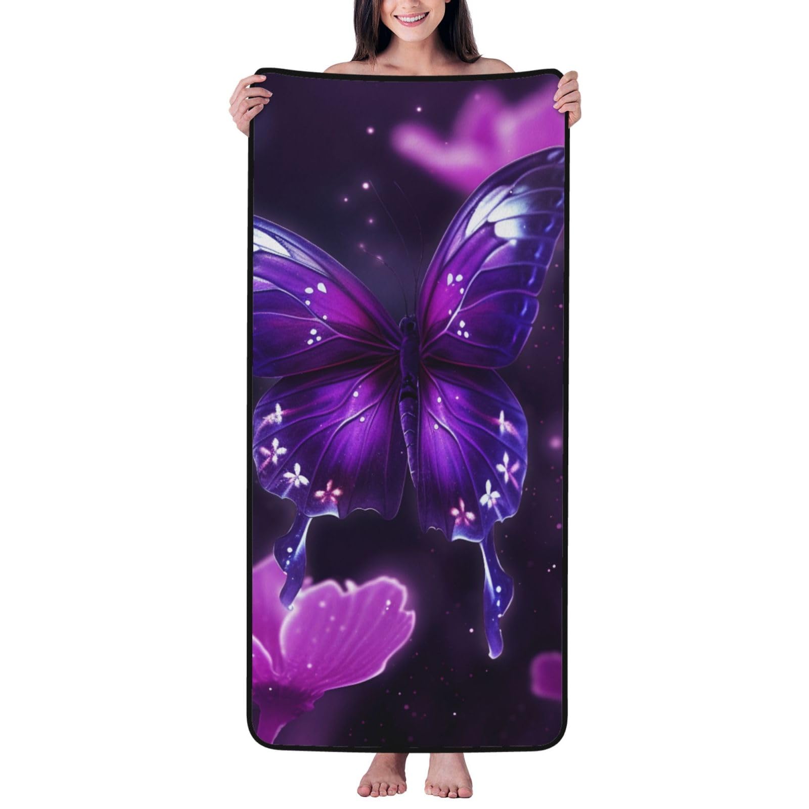 WPKJU Butterfly Printed Bath Towel with Black Edging - 27x55 in Soft Extra Absorbent Coral Velvet Shower Towels for Bathroom