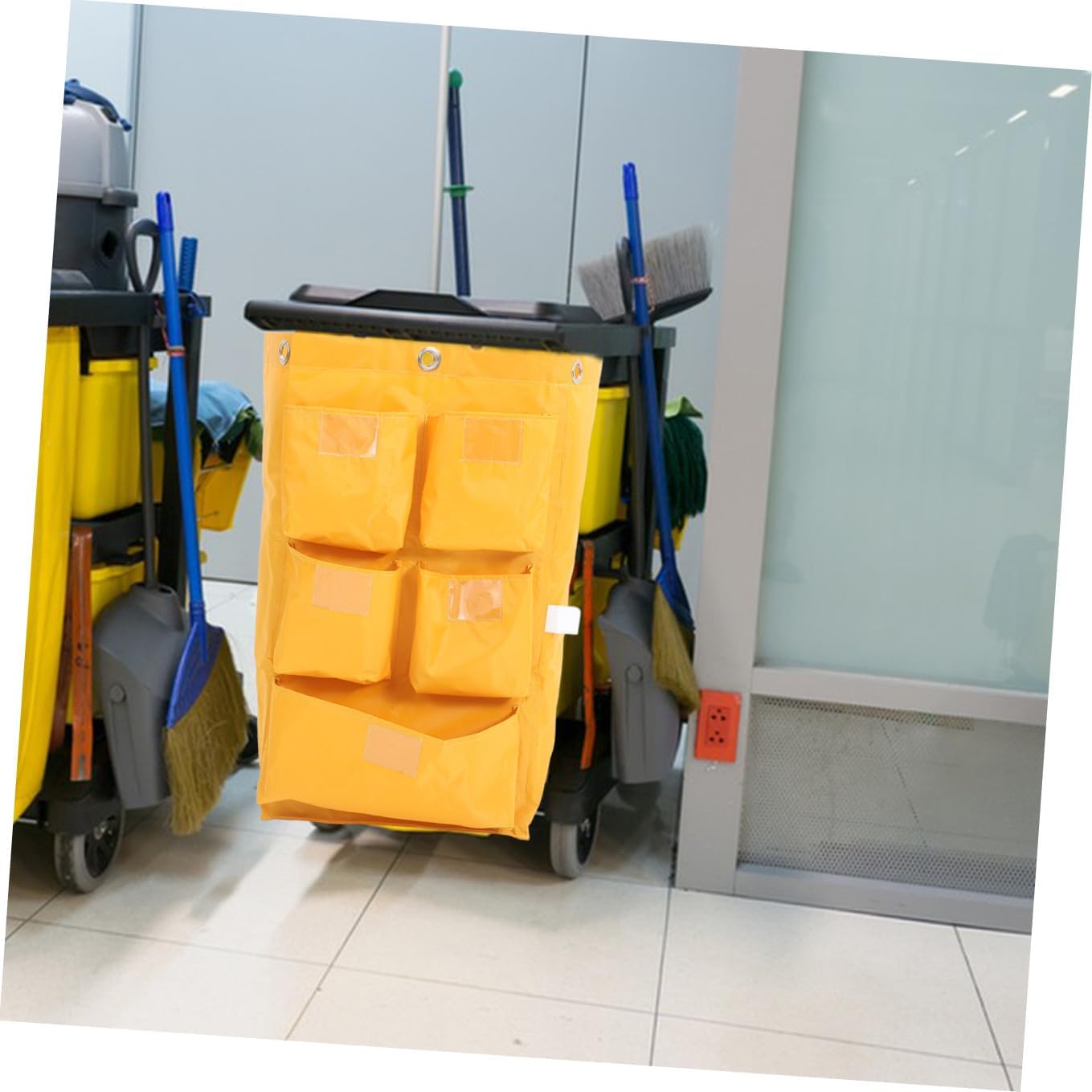Waterproof Janitorial Bag with 5 Pockets Heavy-Duty Canvas Cleaning Trolley Storage Bag for Housekeeping Carts for Commercial Cleaning Supplies