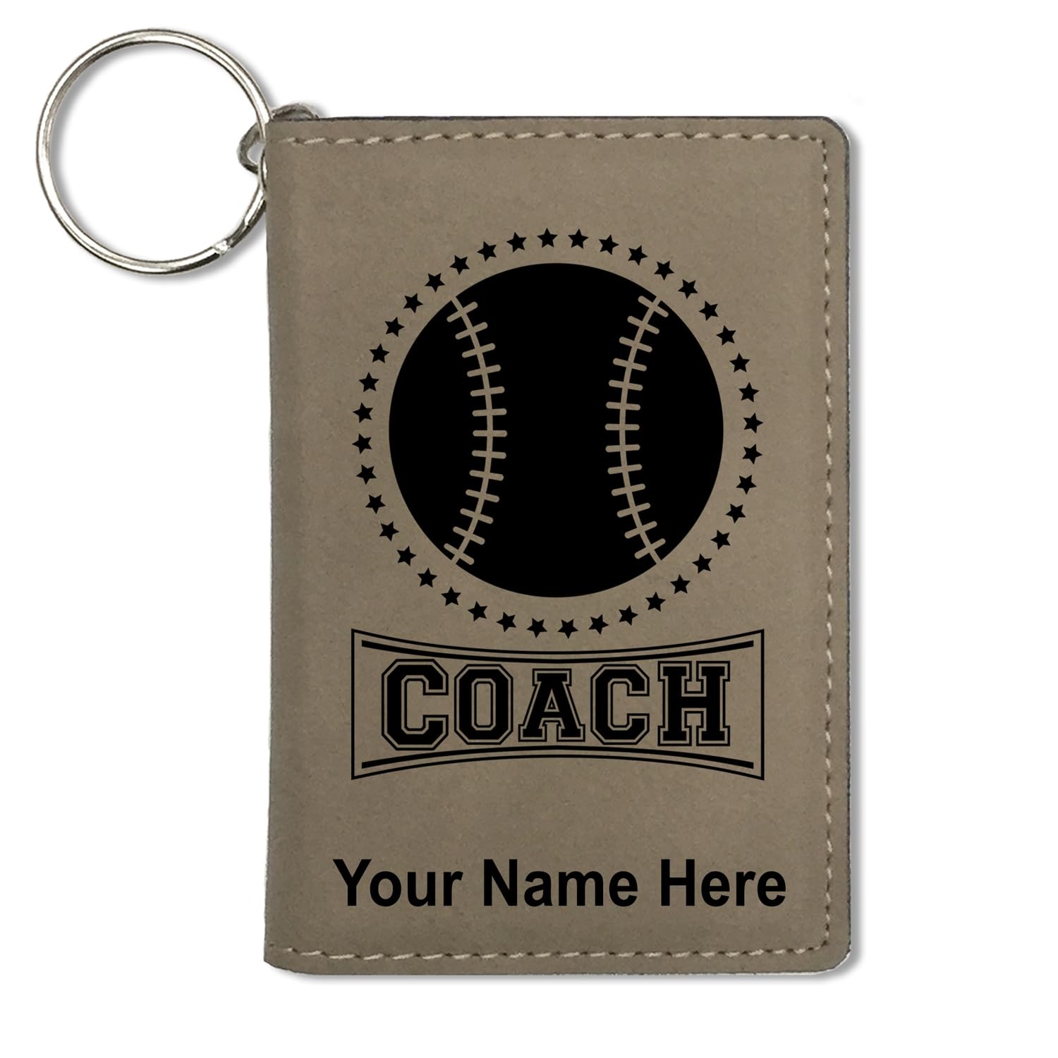 ID Holder Wallet, Baseball Coach, Personalized Engraving Included (Light Brown)