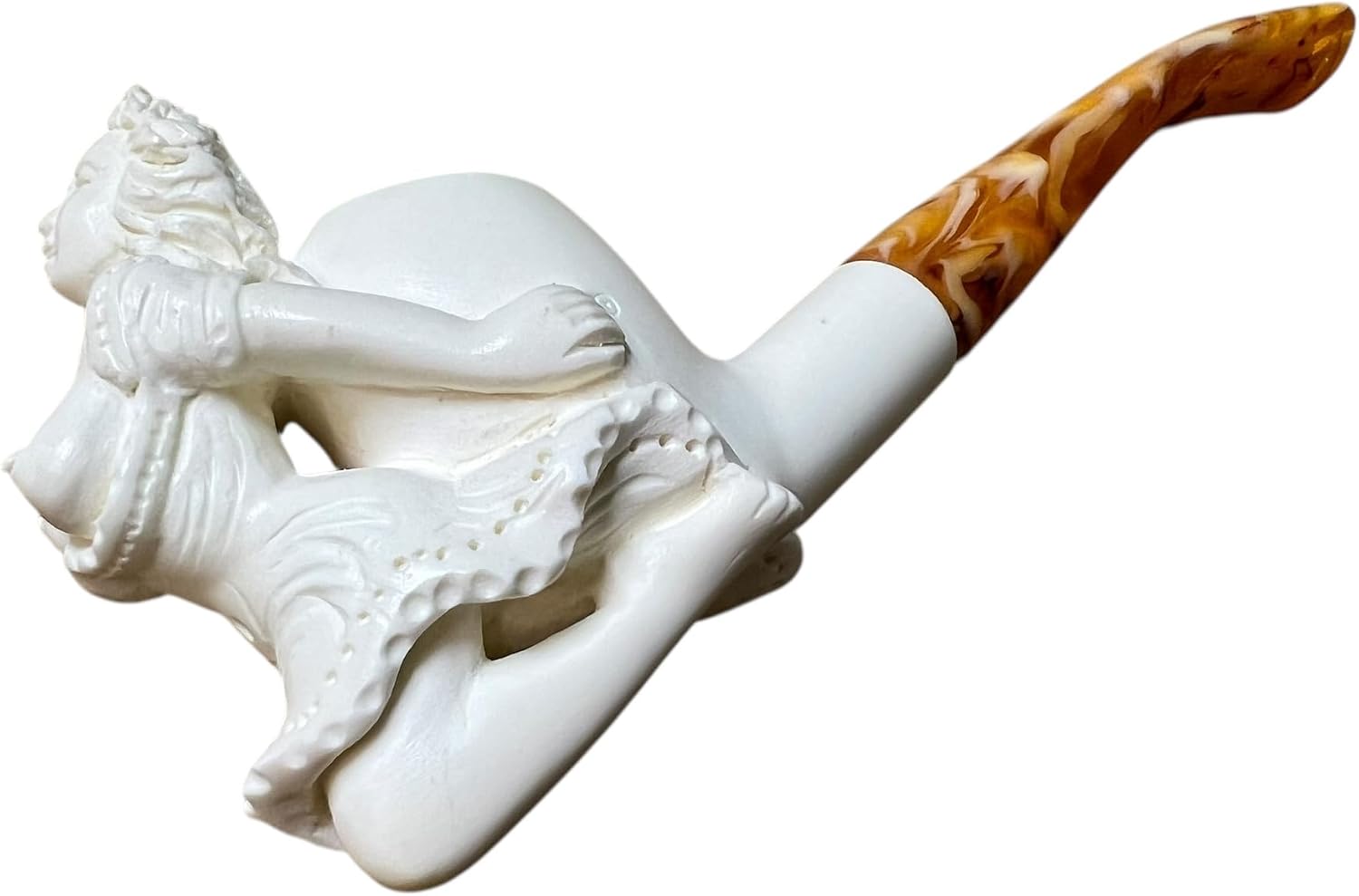 Meerschaum Online Figural Meerschaum Pipe, Seated Lady Design, Hand-Carved Turkish Block Meerschaum, 170mm Length, Sculptural Tobacco Pipe with Amber Stem