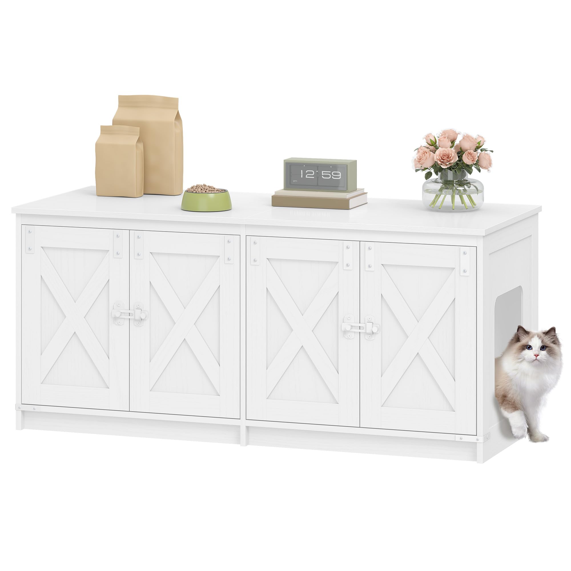 Hzuaneri Cat Litter Box Enclosure for 2 Cats, Hidden Litter Box Furniture Cabinet, Indoor Cat House, Farmhouse Style, 119 x 48 x 53.5 cm, White CB85313W