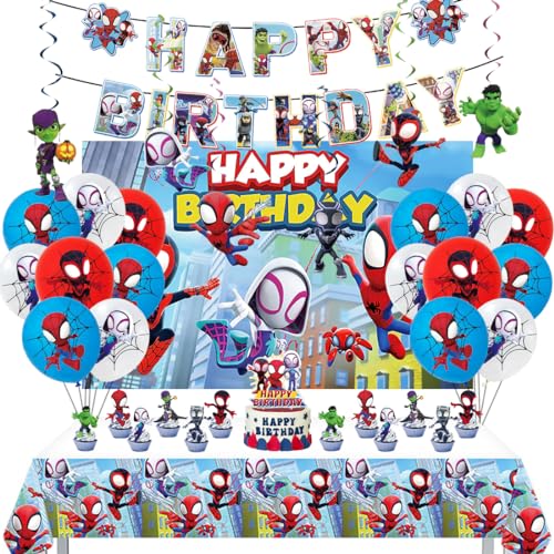 Geburtstagsdeko Spider Deko Geburstag Kinder Spider Superfreunde Geburtstag Set Jungen Luftballon Set mit Tischdecke und Hintergrundtuch Birthday Dekorations für Themenpartys