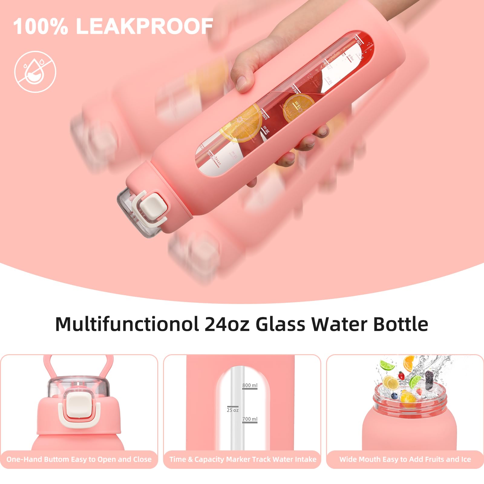chunmo Bouteille d'eau en verre de 710 ml avec 2 couvercles, couvercle à bec verseur et couvercle à paille, bouteille d'eau motivante avec marqueur de temps et manchon en silicone, étanche, rose