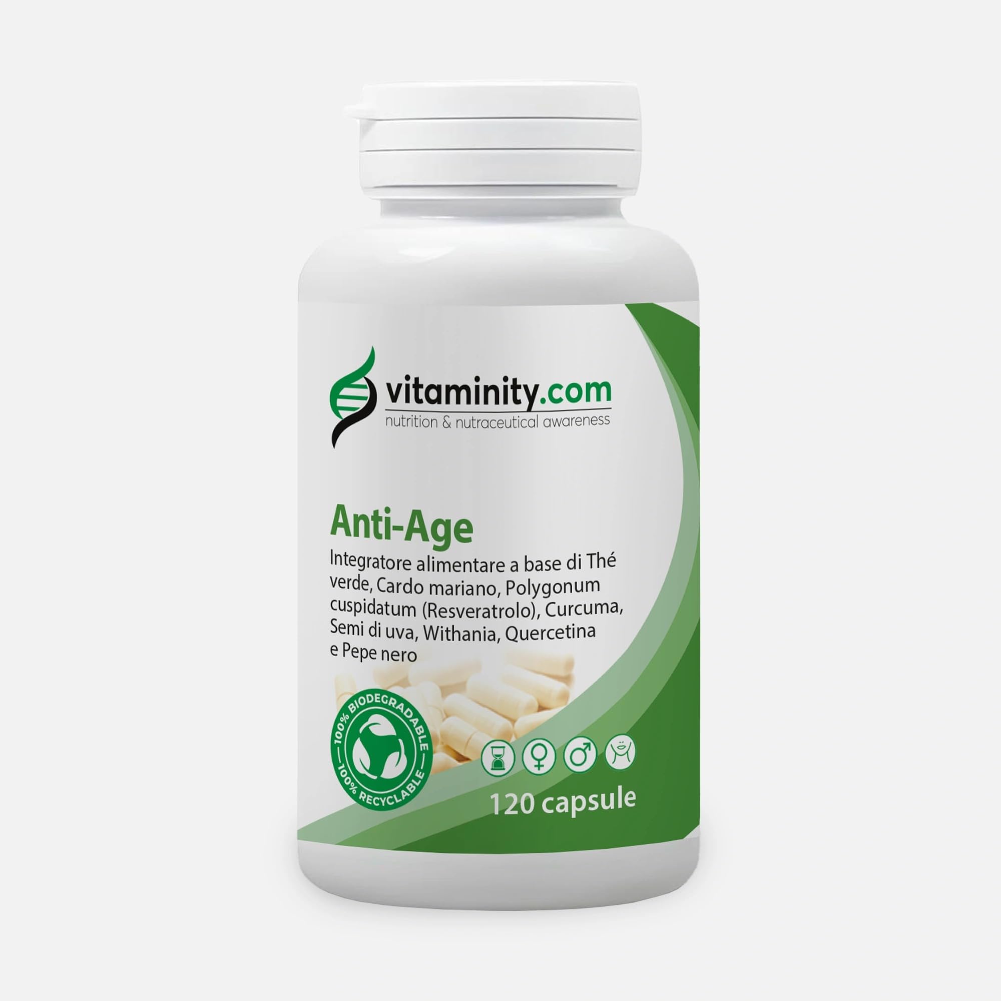Vitaminity Anti-Age, Integratore Alimentare Antiossidante, Contrasta i Radicali Liberi e l'Invecchiamento Cellulare, a base di the verde, curcuma e cardo mariano - Formato da 120 Capsule