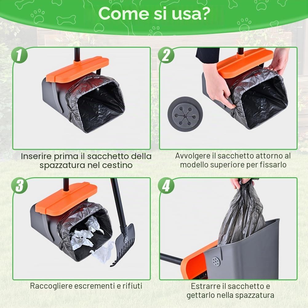Paletta Raccogli Cacca Cani, 46" Telescopico Paletta Raccogli Cacca Cane Set, Pattumiera Girevole con rastrello, Paletta Raccogli Feci per Cani con Manico Lungo per Giardino Ghiaia