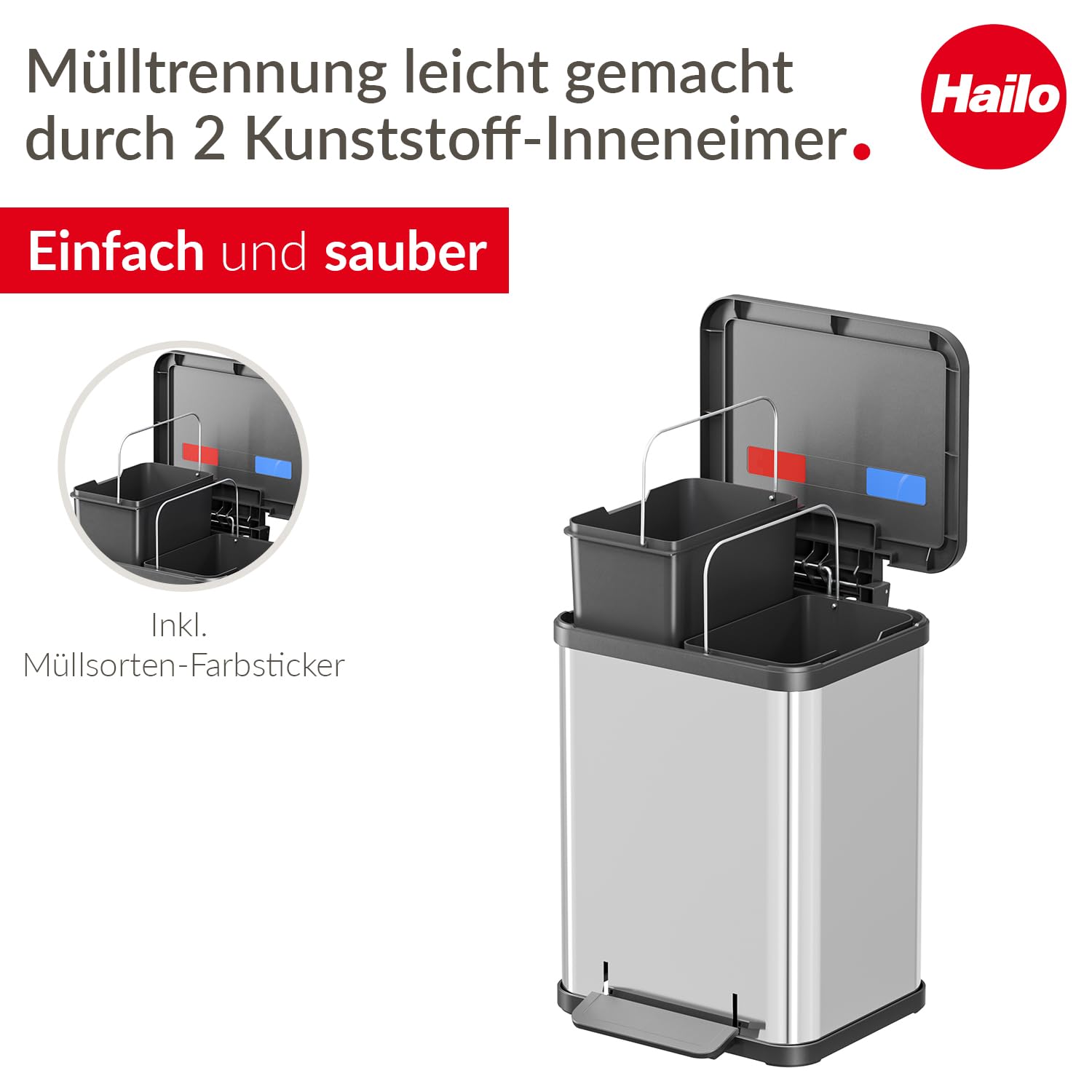 Hailo Öko duo Plus M Tret-Mülltrenner - freistehender 2 x 9 Liter Doppelmülleimer aus Edelstahl - Mülltrennsystem mit soft close Deckel - 2-fach Abfalltrenner für die Küche | Duo Plus M, Volumen 2 x 9 l, Edelstahl