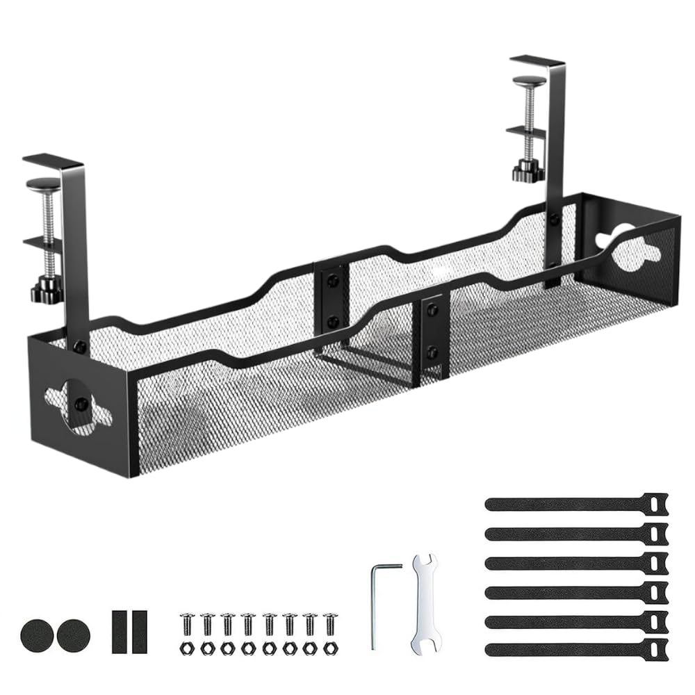 Crysendo Under Desk Cable Management Tray | Mesh Desk Cord Organizer, Computer Cable Rack for Office | 25” Metal Cable Tray with Adjustable Clamp for Home (Black)