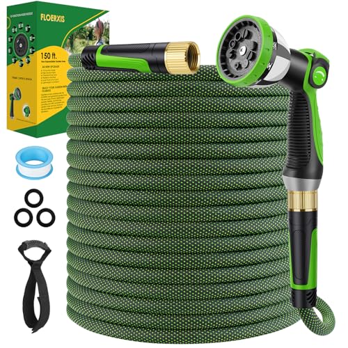 FLOERXIS Non-Expandable Garden Hose 150 FT Lightweight Hose with 10 Function Spray Nozzle Kink-Free Flexible Water Hose Durable Leak-Proof 360 Swivel Connectors Portable Storage Strap