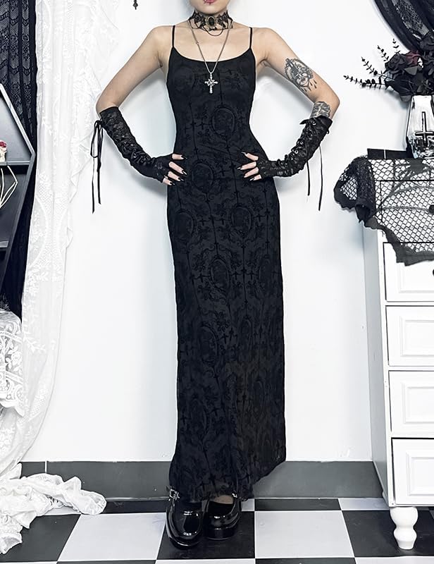 LANSHULAN Gothic Women Sexy Flocking Print Halter Goth Dress Without Gloves - Image 2