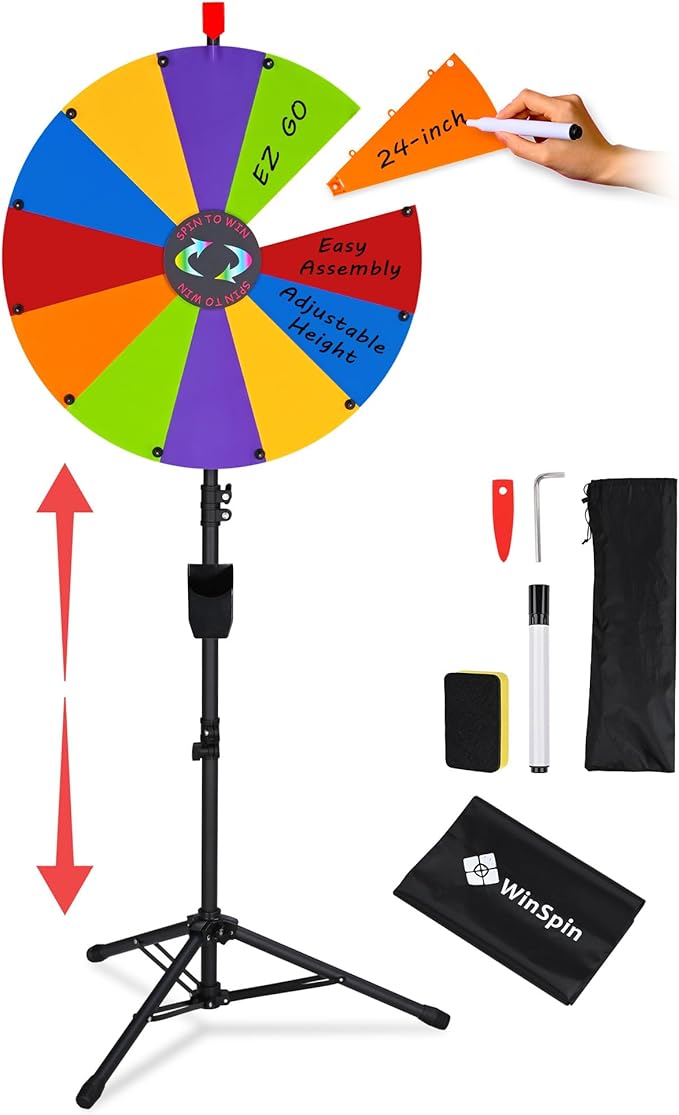 WinSpin ルーレット 専門家監修 軽量 便利 コンパクト 三脚 組み立て式 60cm ルーレットホイール 高さ調節 12スロット スタンド付き DIY 収納バッグ付き 回転 抽選 忘年会に 展示会 祭り イベント 販促 カジノ 罰ゲーム パーティー ゲーム 決定ルーレット 24インチ カラフル
