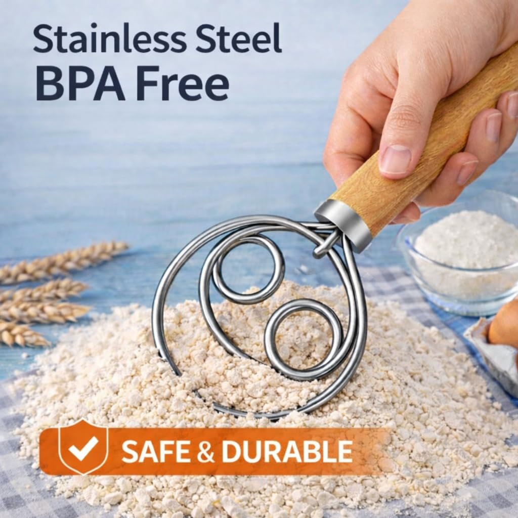 Batidor de masa danés para masa madre – Batidor holandés de acero inoxidable de 13 pulgadas para masa, herramienta de mezcla de pan para cocina y hornear