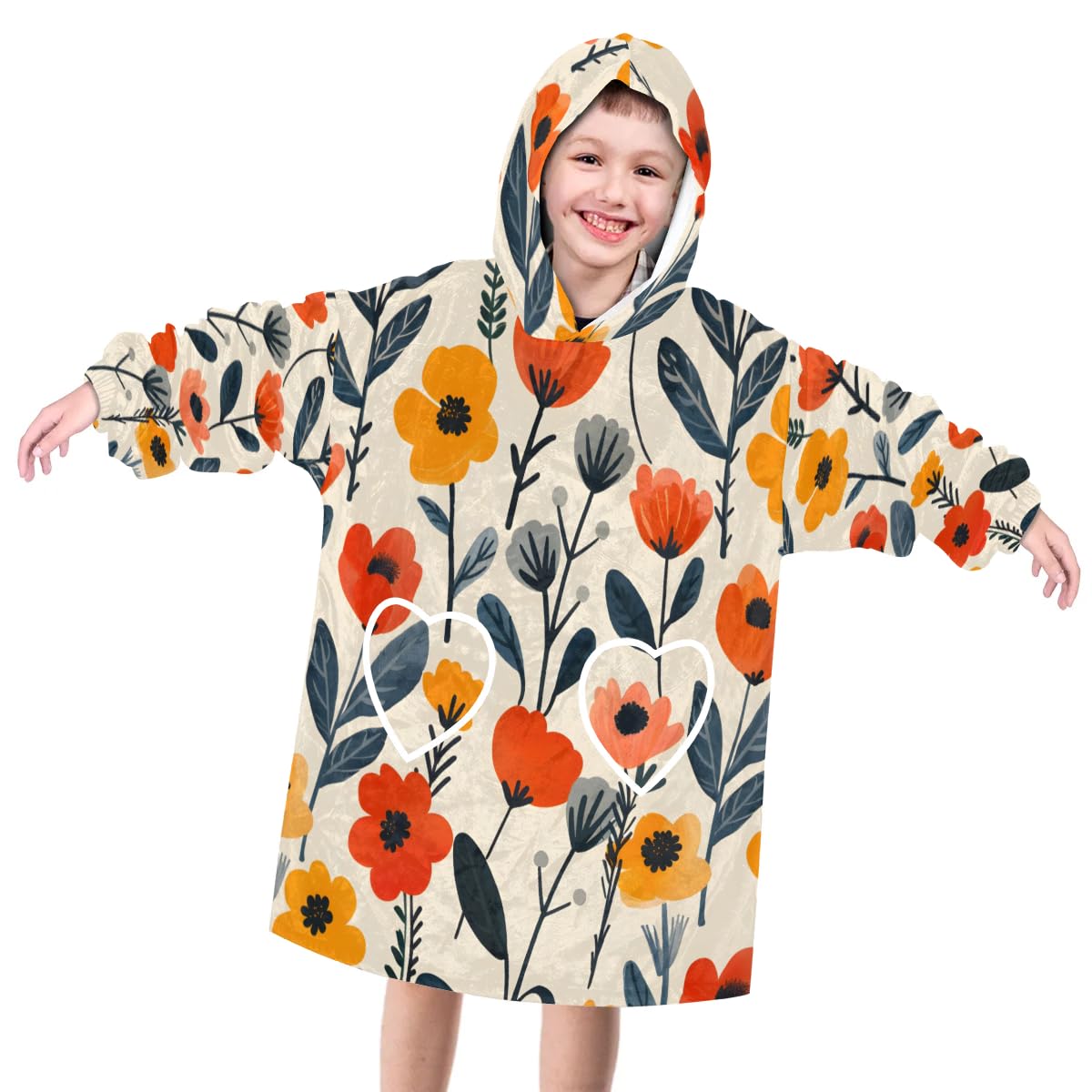 Wearable Blanket Hoodie for Kids, Colorful flower Fleece Sweatshirt Blanket Simple Oversized Blanket Sweatshirt with Pocket Flannel Warm Hooded Blanket 6-10 Year Old Girl Boy Gift, One Size