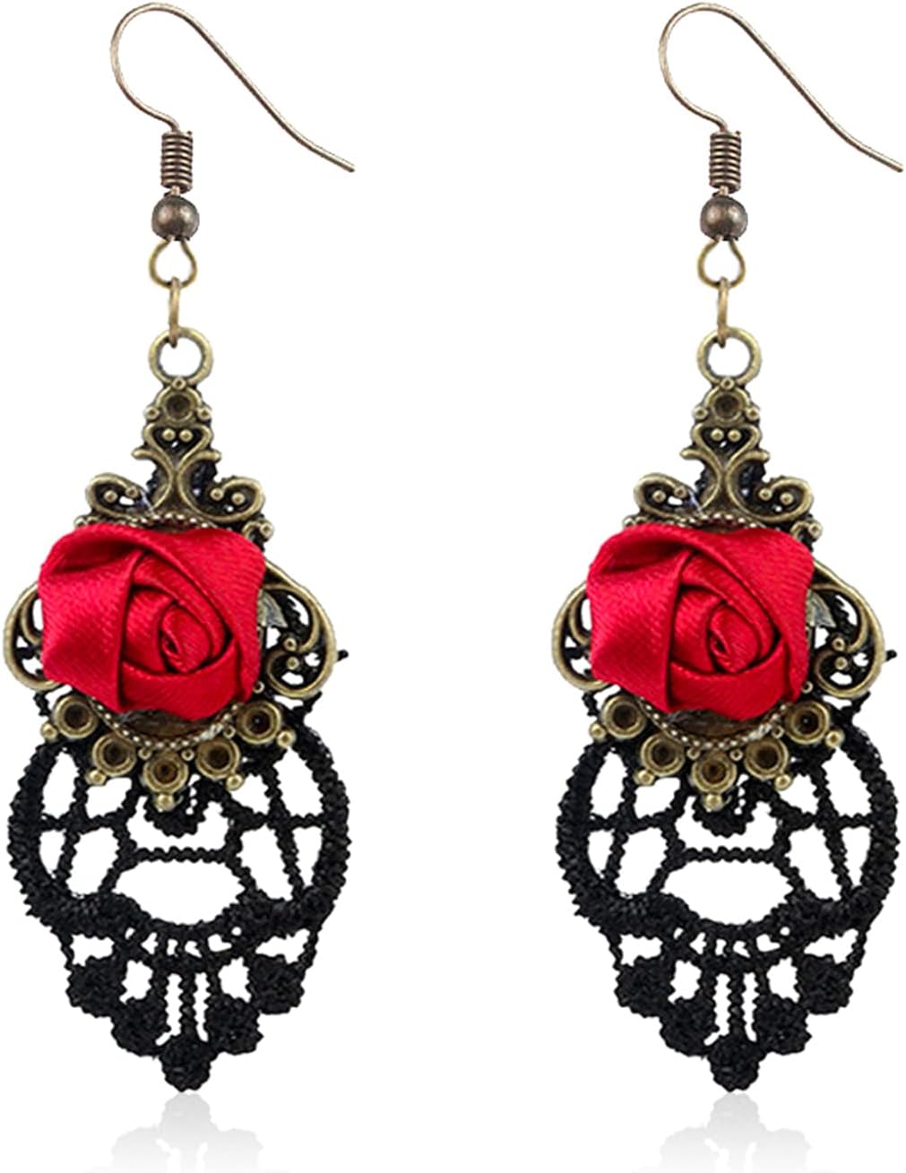 Unique Creative Punk Gothic Vintage Red Rose Flower Dangle Drop Earrings for Women Statement Halloween Party Jewelry Gifts
