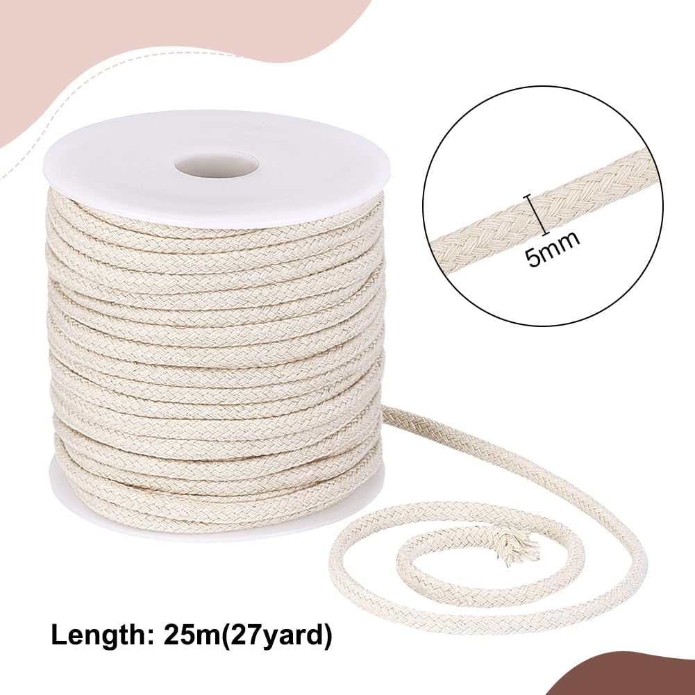 PH PandaHall 27 Yards 5mm Cotton Rope, Drawstring Rope Piping Cord Macrame Rope Coiling Cord White Natural Cording Round Cotton Cording for Crafts Sewing Throw Pillow Knitting Welting