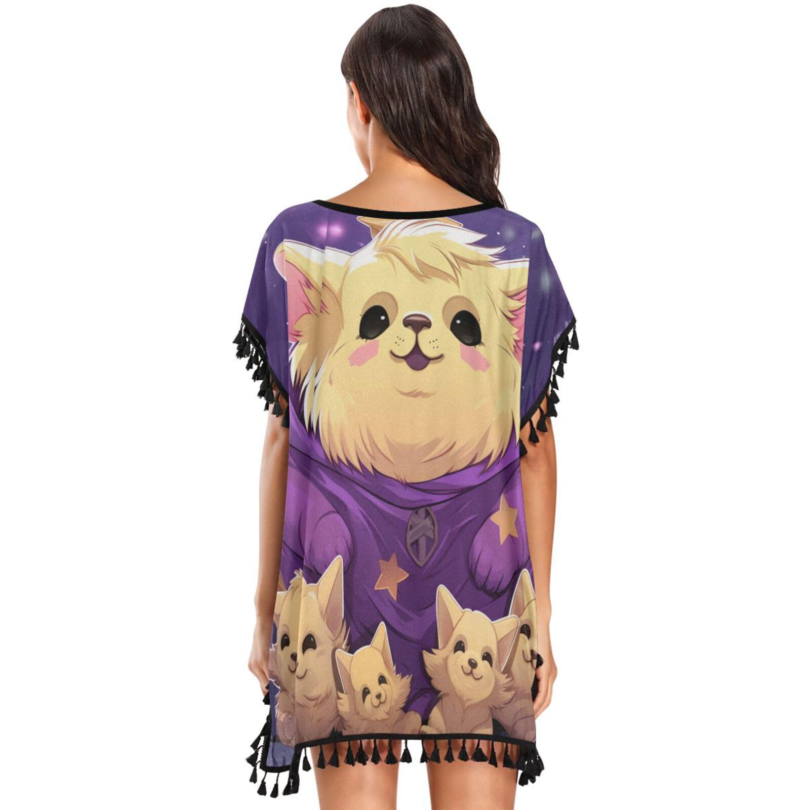 Cute Yellow Doodle Koala Women's Beach Cover Up Chiffon Tassel Swimwear Swimsuit Coverups for Girl