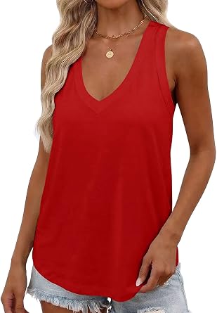 Smile Fish Women Summer Deep V Neck Tank Top Loose Fit Flowy Sleeveless Shirt