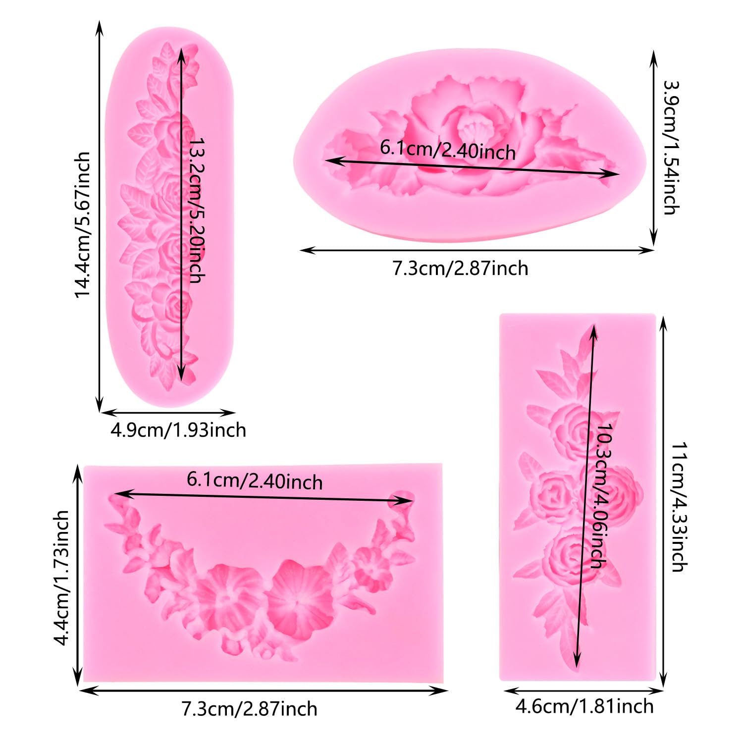 Mujiang Set 4 Stampi In Silicone A Forma Di Rosa Per Torte, Cioccolato, Pasta Di Zucchero - Alimentari, Dimensioni Variabili (6-9 Cm) - 3