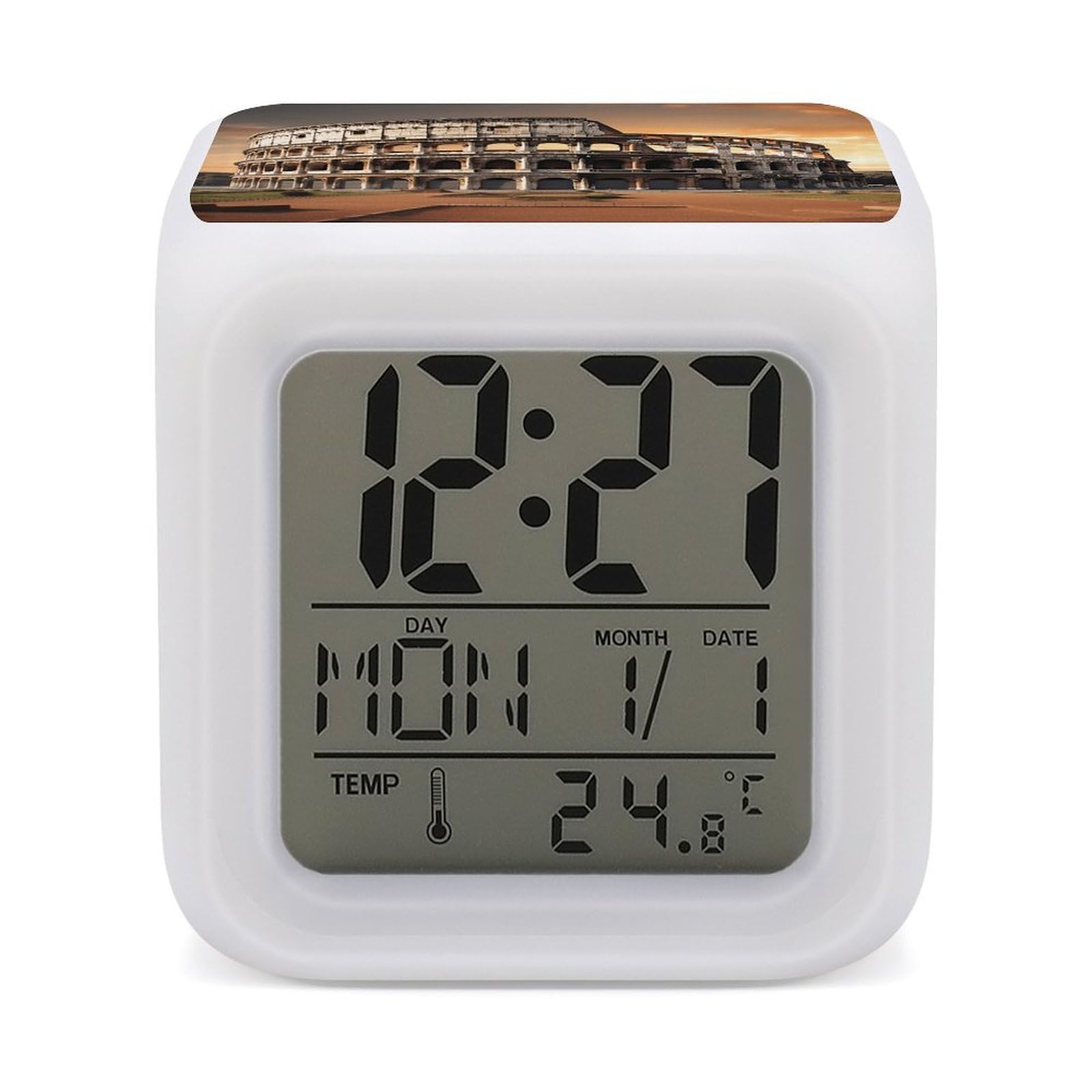 VstaDank Ancient Colosseum Alarm Clock for Bedrooms Small Clocks with 7 Color Night Light Desk Clock with Large Numbers Loud Wake Up Timer Ideal for Gift & Room Decor