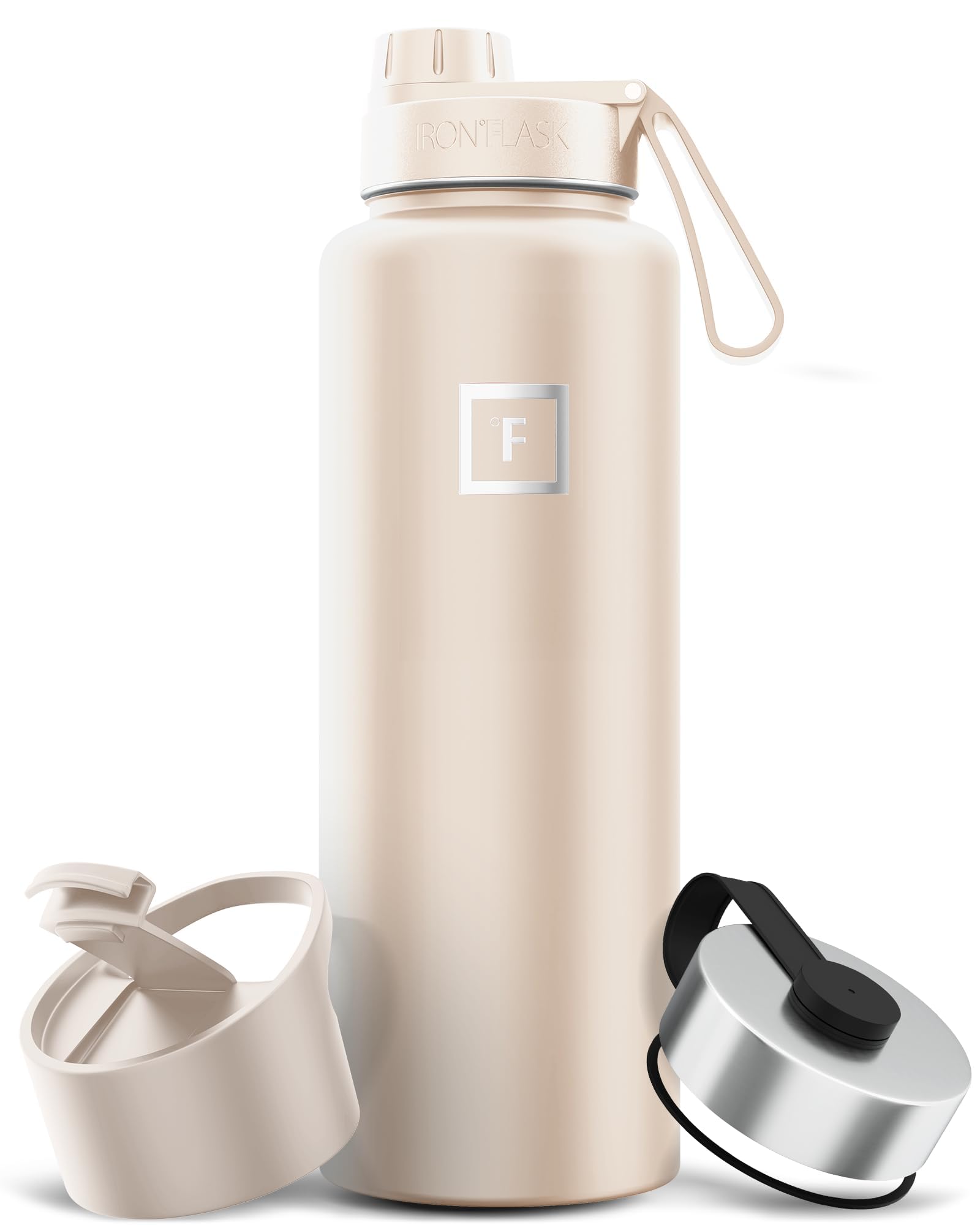 IRON °FLASK Sports Water Bottle - Wide Mouth with 3 Spout Lids - Stainless Steel Gym & Outdoor Bottles for Men, Women & Kids - Double Walled, Insulated Thermos, Metal Canteen - Sand, 40 Oz