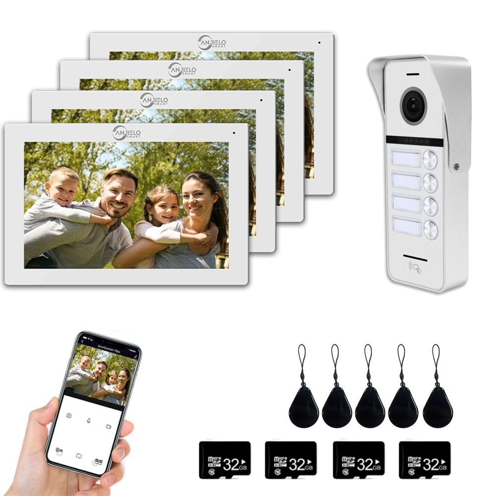 1080P Video-Türsprechanlage (verkabelte Türklingel), 4-Familien-Türklingel, 7-Zoll-Touchscreen-Display, Entriegelungsunterstützung, Zwei-Wege-Sprechanlage (Weiß)