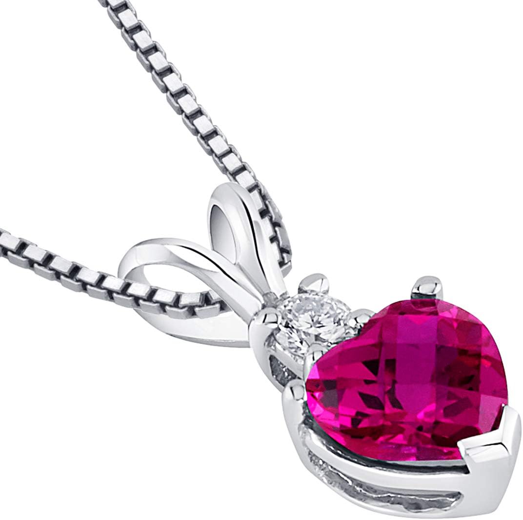 PEORA Solid 14K White Gold Created Ruby with Genuine Diamond Pendant for Women, Heart Shape, 1.17 Carats total, Sparkling V-Day Gift Valentines Gift for Women, Women Gift Ideas w/Jewelry Box