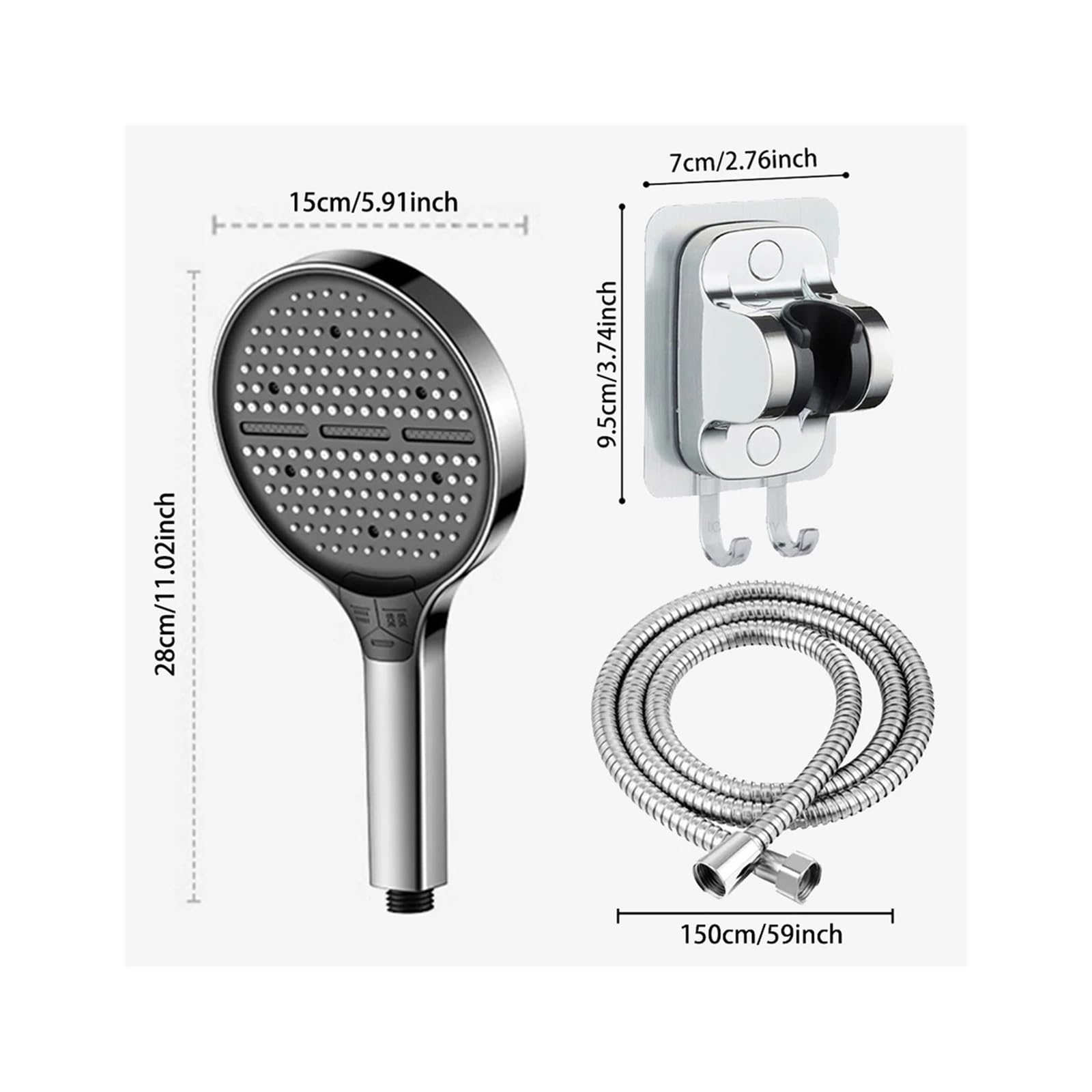 Cabezal de ducha de 3 modos de 15 cm con manguera | Alta presión, 3 modos ajustables, portátil, panel grande, uso en baño(SET A)