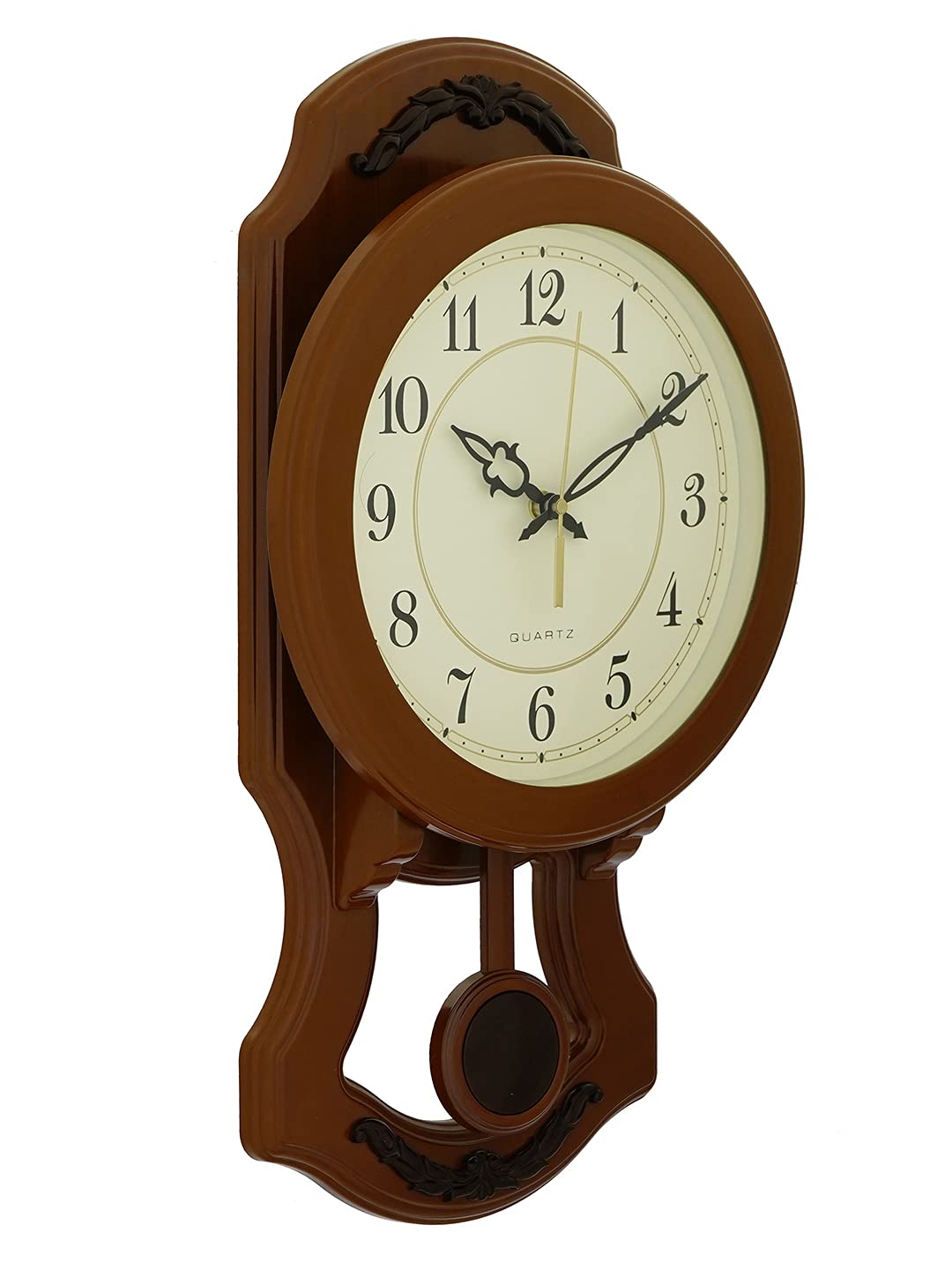 Elegant Vertical Plastic Case Analog English Numbers Pendulum Wall Clock for Living Room Home Decoration Office Gifts (Size: 25 x 7 x 43.5 CM | Weight: 615 Gram | Color: Golden Brown)
