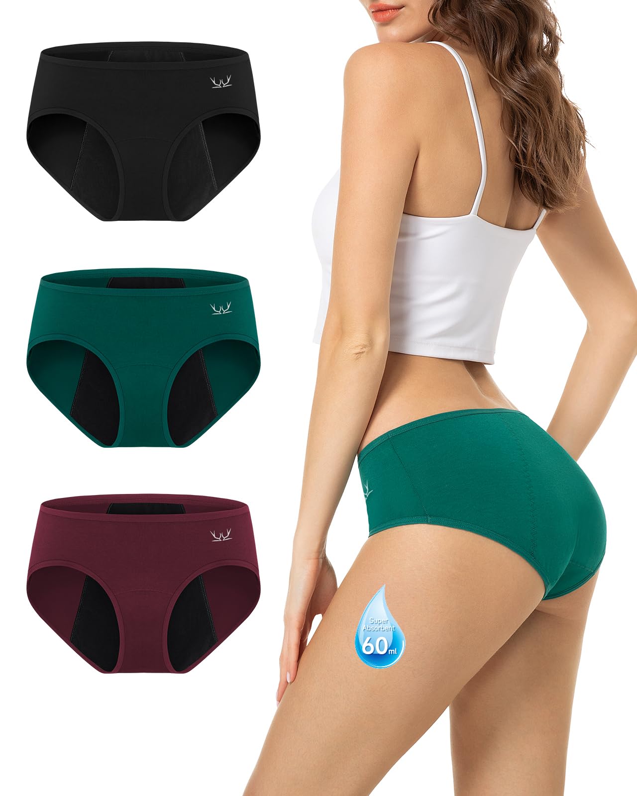 TANSTCPeriod Underwear for Women Heavy Flow High Absorbency Postpartum Menstrual Panties Leakproof Cotton Hipster 3 Pack