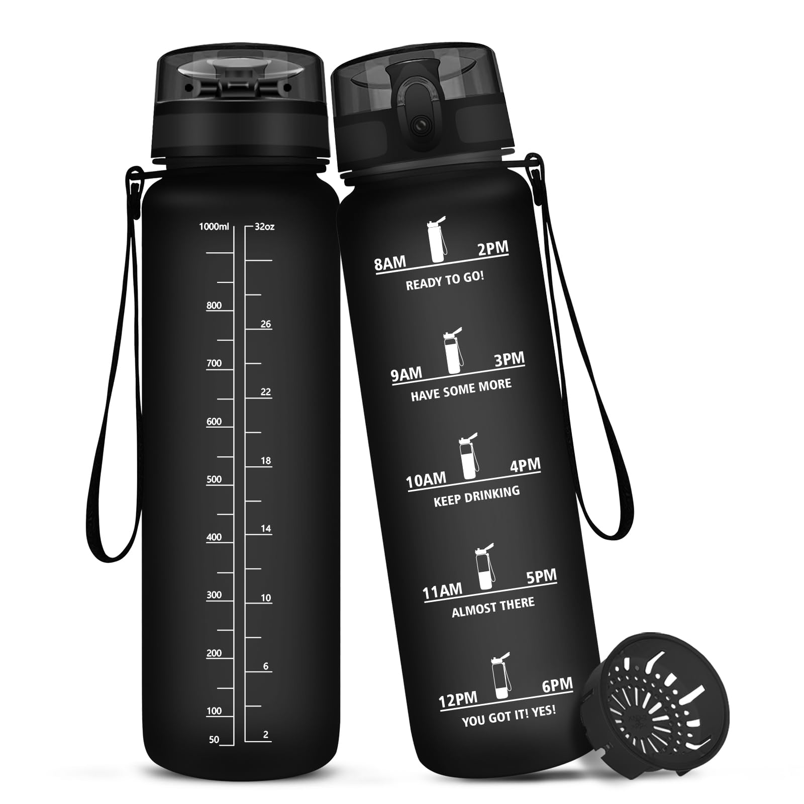 HoneyHolly Water Bottle 1L, with Time Markings Leak Proof, Drinks Bottle, with Filter, BPA Free Non-Toxic Reusable, Gym Water Bottle, for Running, Travel, Sports, Adults | 1 Litre Water Bottle