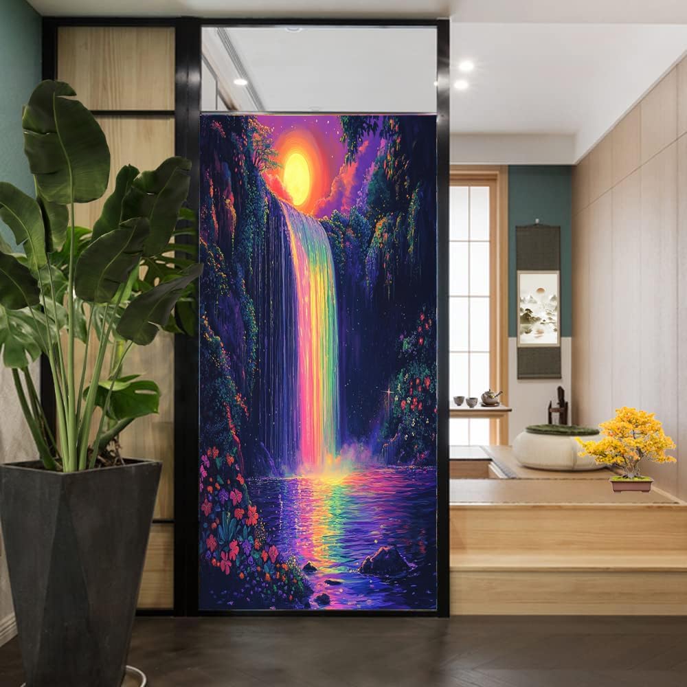 Abstract Waterfall Window Film Privacy Vintage Forest Night Scene Decorative Stained Glass Decal for Home, Adhesive Window Sticker 27.6Wx39.4L inch