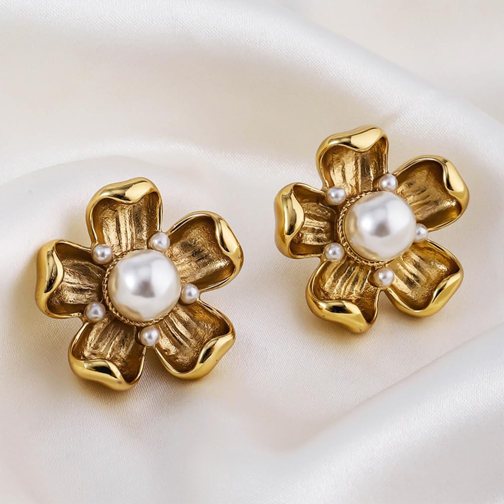 Dainty Gold Large Pearl Flowers Earrings for Women Vintage Chunky Big Pearl Floral Statement Dangle Earring Trendy Hip Hop Outfit Blossom Jewelry - Image 7