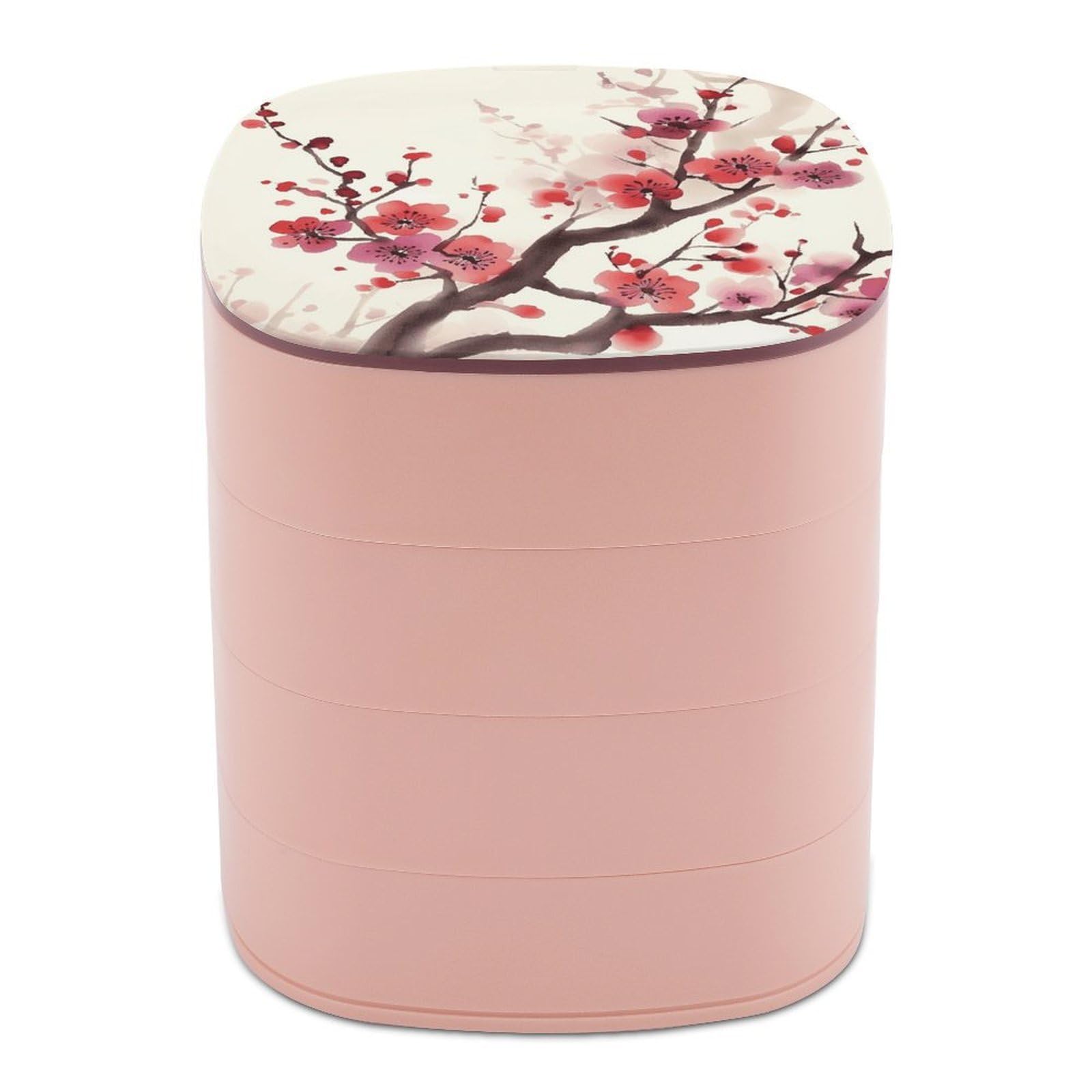 VstaDank Japanese Spring Plum Floral Jewelry Organizer 4-Layer Rotating Travel Jewelry Tray Case with Lid for Bracelets Rings Bracelets Small Jewelry Storage Box Earring Holder for Women