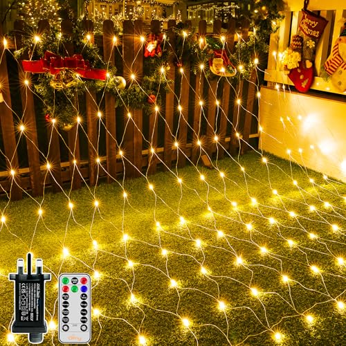 Ollny Net Lights Outdoor Indoor, 200 LED 3m x 2m Mesh Fairy Lights Plug in, Waterproof String Lights with 8 Light Modes/Timer/Remote, for Outside/Garden/Window/Gazebo Ceiling Decorations, Warm White