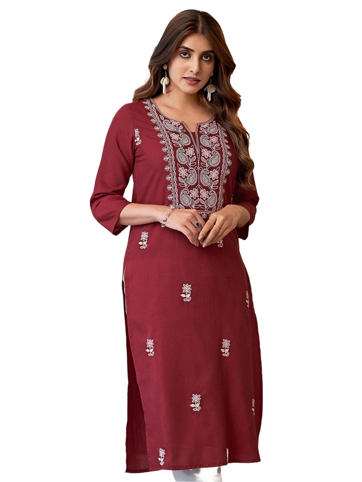 Sanisa Women's Cotton Blend Chikankari Embroidered Straight Kurti (475K10035N-Xl_Maroon)