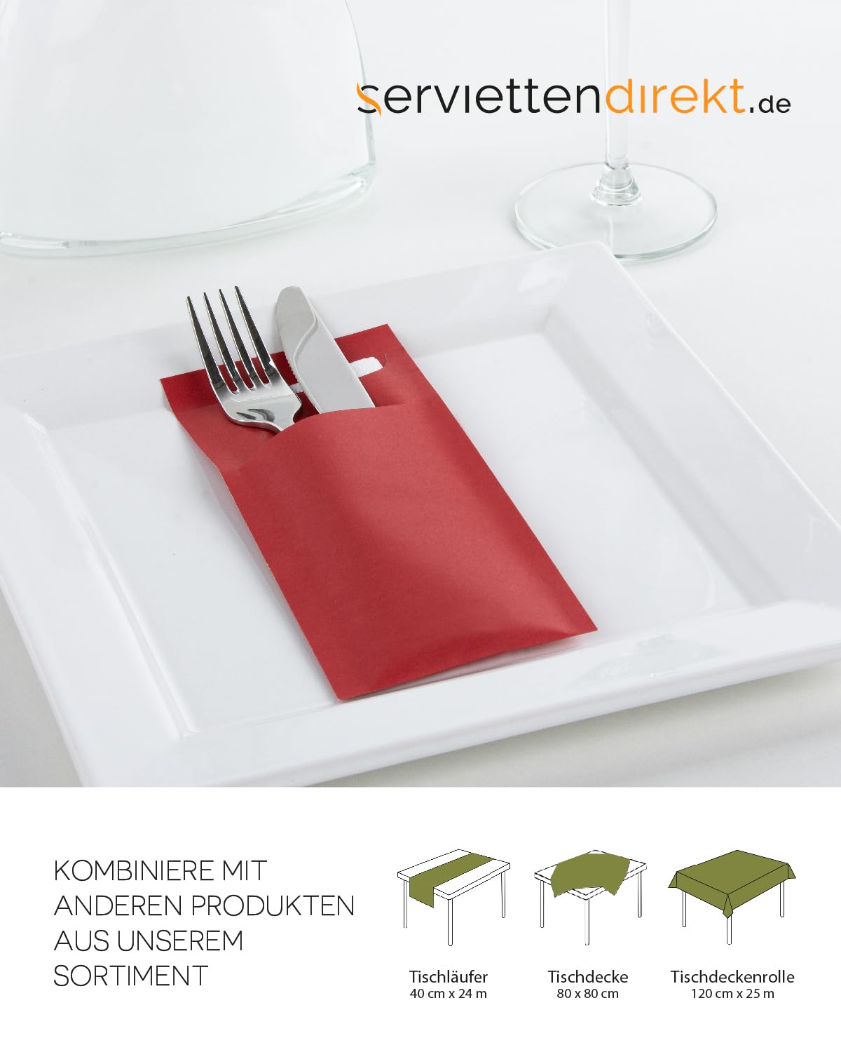PRIME GUEST Bestecktasche Prime Fit 85x190mm Bestecktaschen mit Serviette in Weiß Serviettentasche ideal für Gastronomie und Feiern (Rot, 100 Stück)