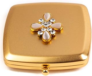 Stone and Crystal Flower Folding Compact Pocket Makeup Mirror With Swarovski Rhinestone Crystals Double Sided (5x + 1x magnification)